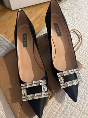 SJP by Sarah Jessica Parker Black Satin Pointed Toe Pumps with Crystal Buckle